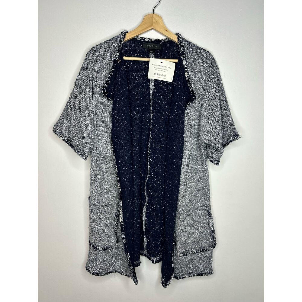 St. John Navy Fringe Hem Short Sleeve Knit Sweater Cardigan S - Picture 3 of 13